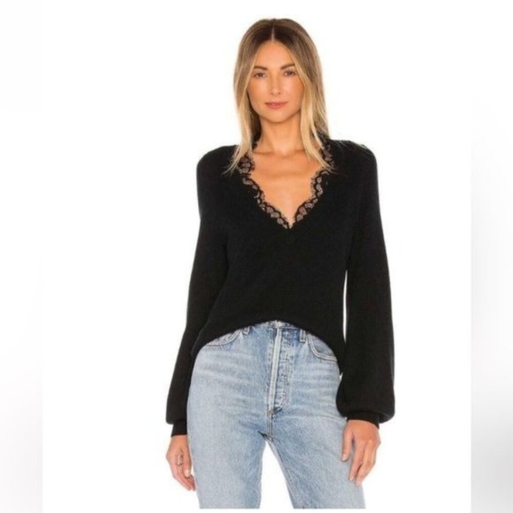 Saylor Eugenie Balloon Sleeve Lace V Neck Sweater Black Wool Blend Size Medium